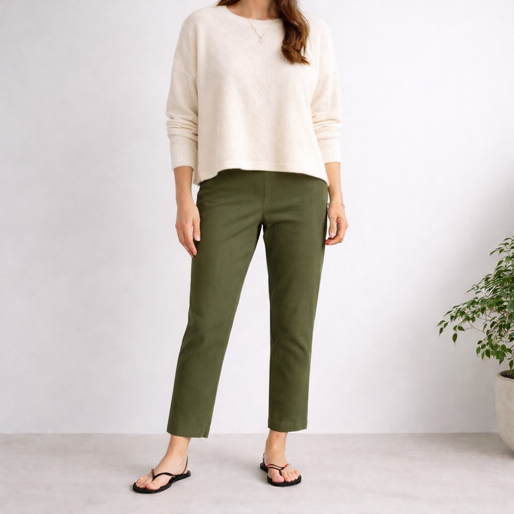Eileen Fisher Olive Slim Ankle Pants Hi-Low Hem Pull On M